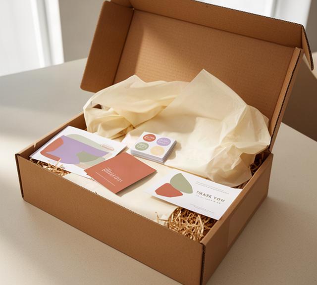 Scatola per e-commerce locale aperta con carta velina, adesivi e card personalizzate